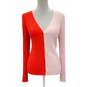 Staud Ribbed Colorblock Cardigan Sweater Red & Blush Pink V-Neck Button Front XL
